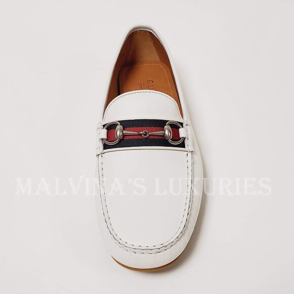 GUCCI SHOES MENS DRIVER MOCCASINS HORSEBIT WEB WHITE LEATHER sz 8.5G 9 - Picture 8 of 16